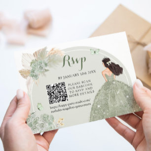 Boho Sage Green Floral Quinceañera QR RSVP Card