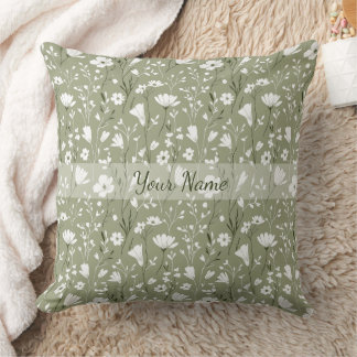 Boho Sage Green Floral Wildflowers Personalized Cushion