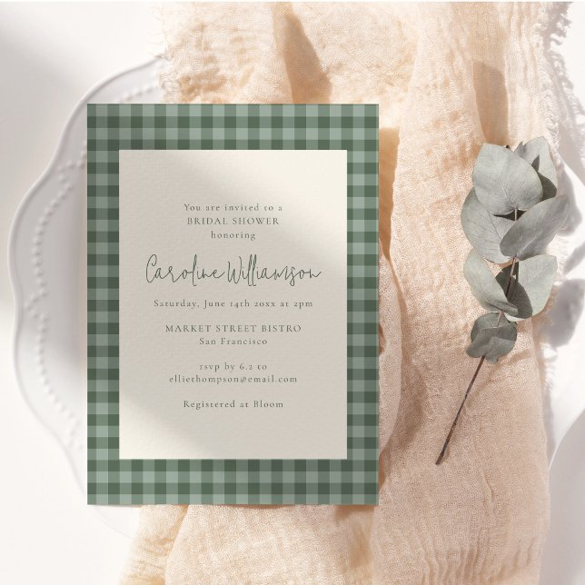 Boho Sage Green Gingham Plaid Bridal Shower Invitation (Creator Uploaded)