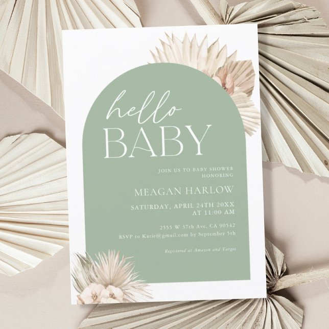 Boho Sage Green Hello Baby Shower Invitation (Creator Uploaded)