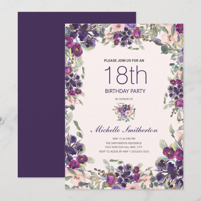 Boho Sage Green Leaves Purple Pink Floral 18th Invitation (Front/Back)