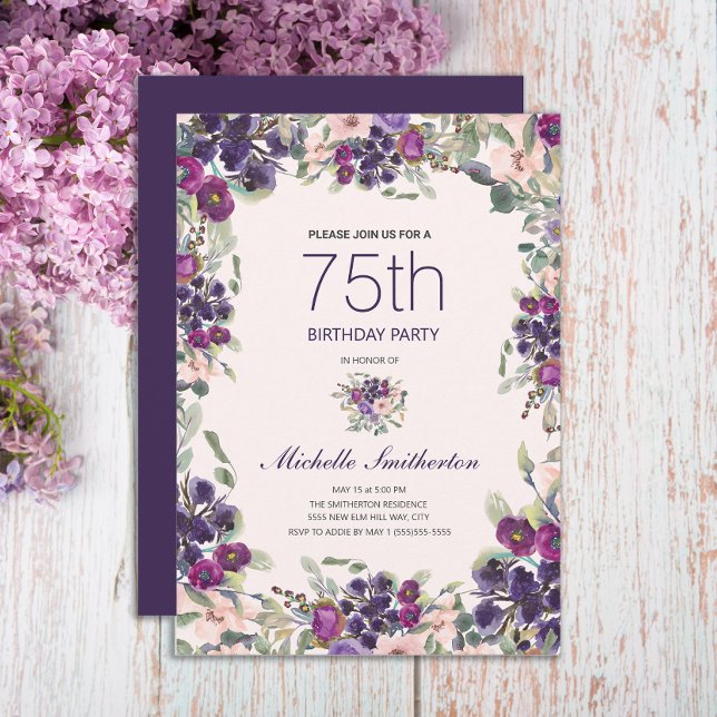 Boho Sage Green Leaves Purple Pink Floral 75th Invitation (Elegant purple and pink watercolor floral 75th birthday party invitation)