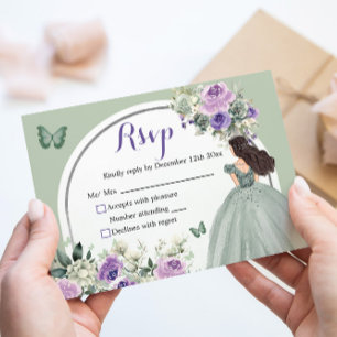 Boho Sage Green Lilac Floral Princess XV Años RSVP Card