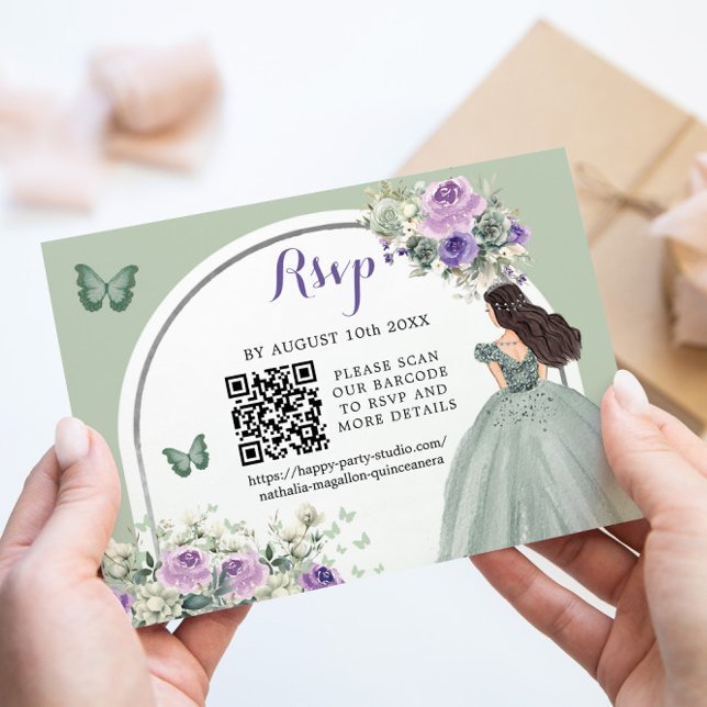 Boho Sage Green Lilac Princess Girl 15 Años QR RSVP Card (Creator Uploaded)