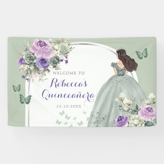 Boho Sage Green Lilac Princess Quinceañera Large Banner (Horizontal)