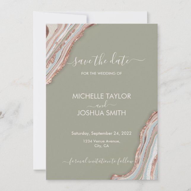 Boho Sage Green Marble Stone Agate Save the Date I Invitation (Front)
