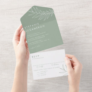 Boho Sage Green Minimalist Foliage Wedding All In One Invitation