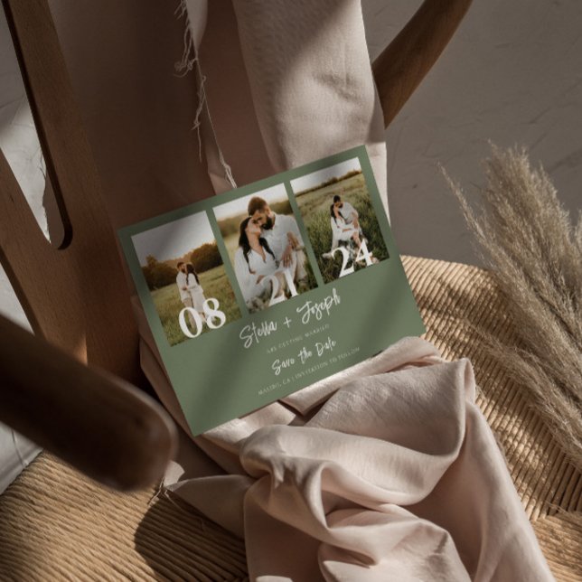 Boho Sage Green Modern Three Photos Wedding Save The Date (Creator Uploaded)