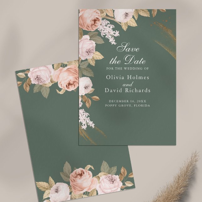 Boho Sage Green Peonies Save the Date Card (Boho Sage Green Peonies Save the Date Card on table)