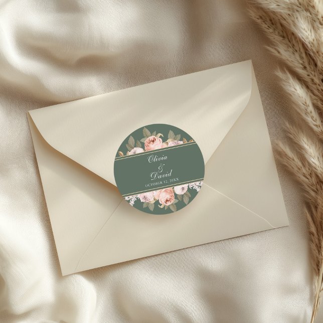 Boho Sage Green Peonies Wedding Classic Round Sticker (Boho Sage Green Peonies Wedding Classic Round Sticker on an elegant wedding envelope)
