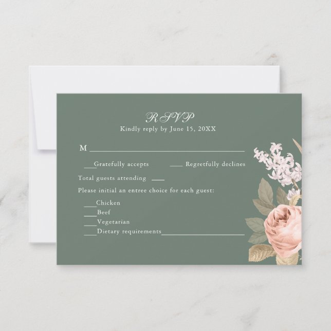 Boho Sage Green Peonies Wedding RSVP Card (Front)