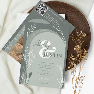 Boho sage green photo names script arch wedding invitation