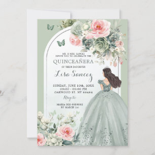 Boho Sage Green Pink Floral Princess Quinceañera Invitation