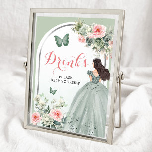 Boho Sage Green Pink Floral Quinceañera Drinks Poster