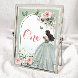 Boho Sage Green Pink Floral Quinceañera Table Number