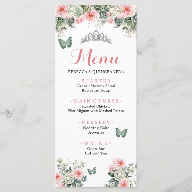 Boho Sage Green Pink Roses Princess XV Años Menu (Front)