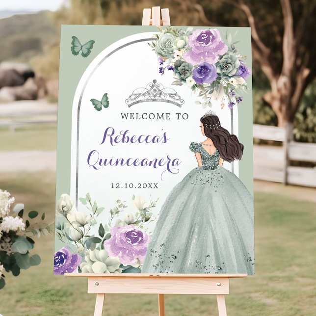 Boho Sage Green Purple Floral Quinceañera Welcome Poster (Creator Uploaded)