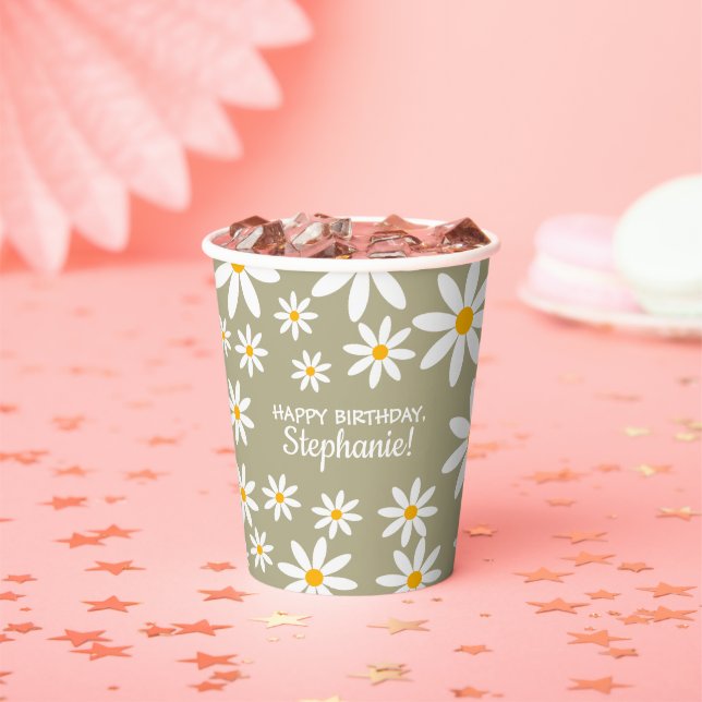 Boho Sage Green Retro Daisies Birthay Party   Paper Cups (Insitu)