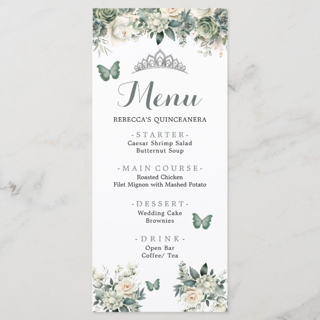 Boho Sage Green Royal Roses Princess XV Años Menu (Front)