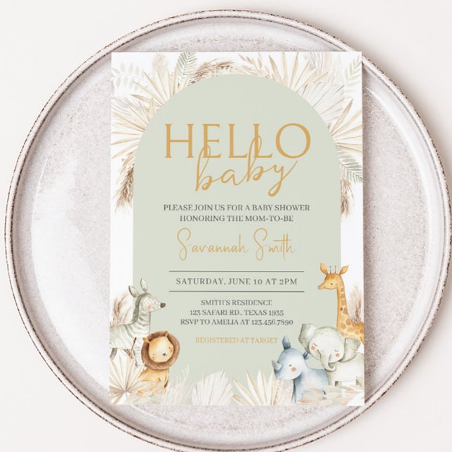 Boho Sage Green Safari Baby Shower Invitation (Hello Baby Safari Baby Shower Invitation)