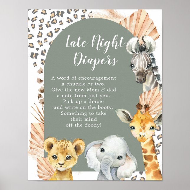 Boho Sage Green Safari Oh Boy Late Night Diaper Poster (Front)