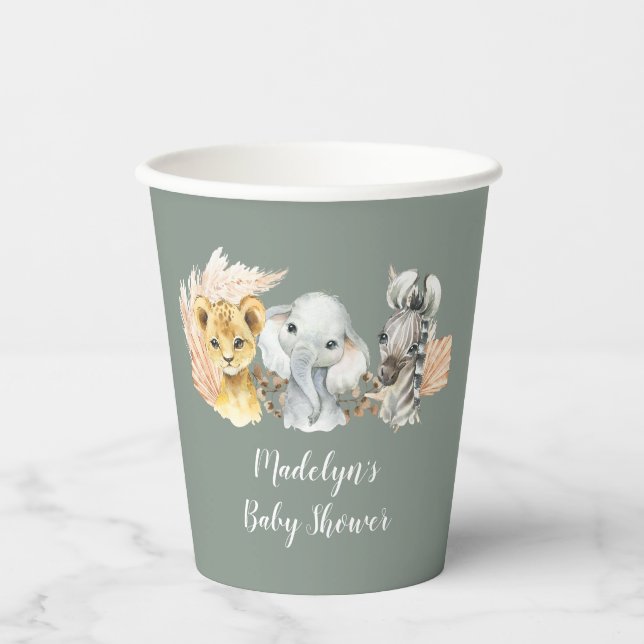 Boho Sage Green Safari Oh Boy Paper Cup (Front)