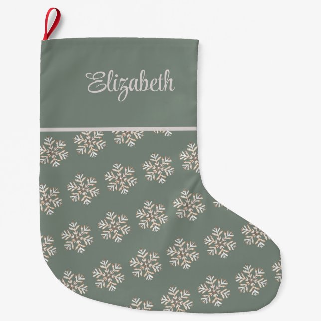 Boho Sage Green Snowflakes Custom Name Christmas Large Christmas Stocking (Front)