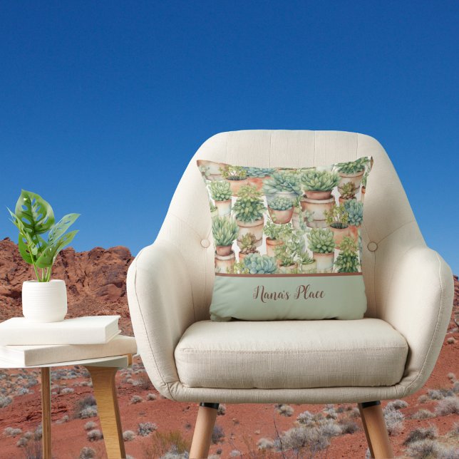 Boho Sage Green Succulent Cactus Monogram Cushion (Creator Uploaded)
