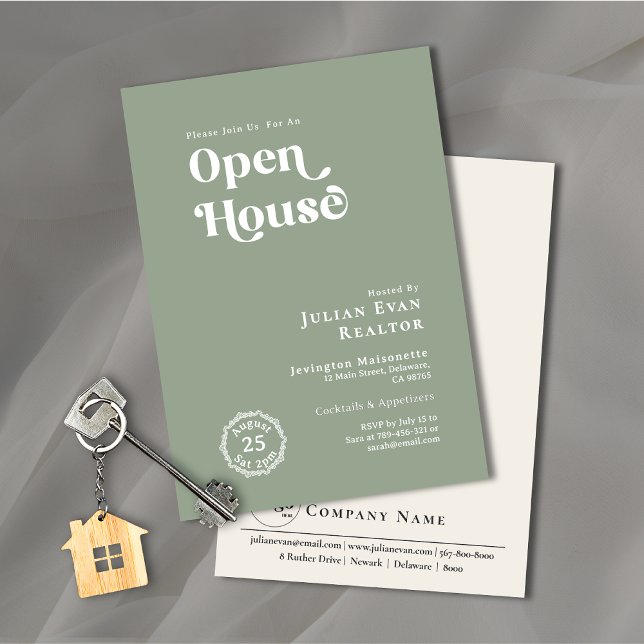 Boho Sage Green Typography Business Open House Invitation (Property Photo Background Typography Open House Invitation)