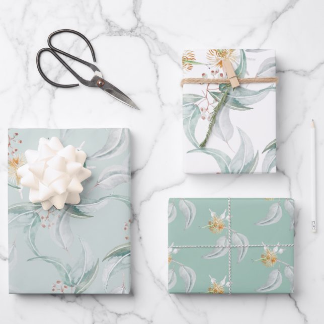 Boho Sage Green Watercolor Blooming Eucalyptus  Wrapping Paper Sheet (Front)