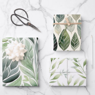 Boho Sage Green Watercolor Botanical Patterns Wrapping Paper Sheet