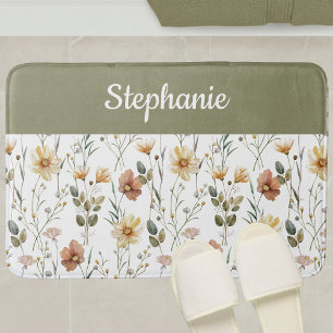 Boho Sage Green Watercolor Wildflower Monogram Bath Mat