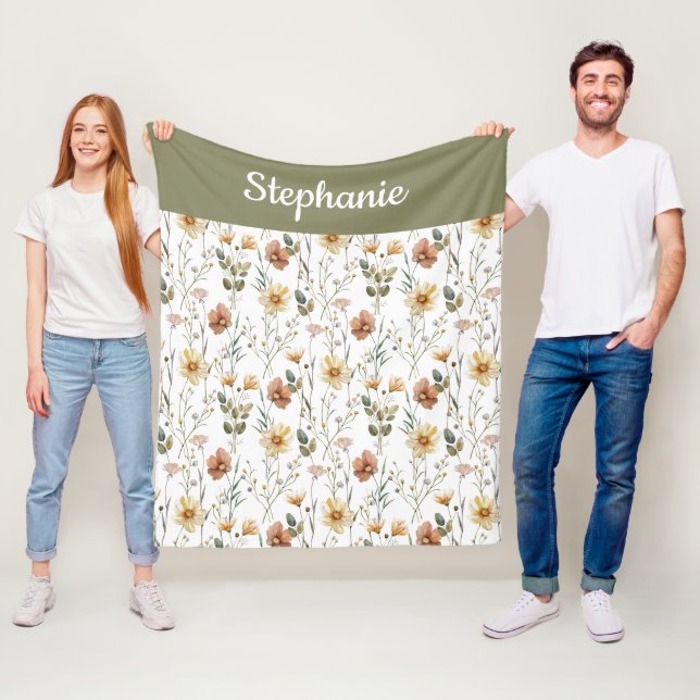 Boho Sage Green Watercolor Wildflower Monogram Fleece Blanket (In Situ)