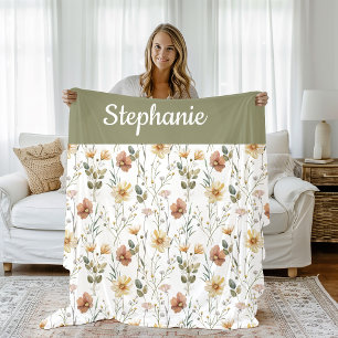 Boho Sage Green Watercolor Wildflower Name Fleece Blanket