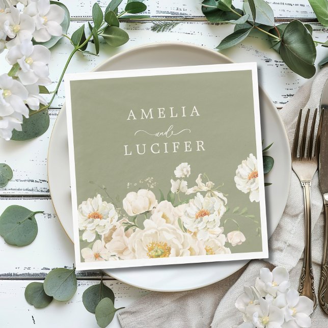 Boho Sage Green White Ivory Floral Wedding Napkin (Creator Uploaded)
