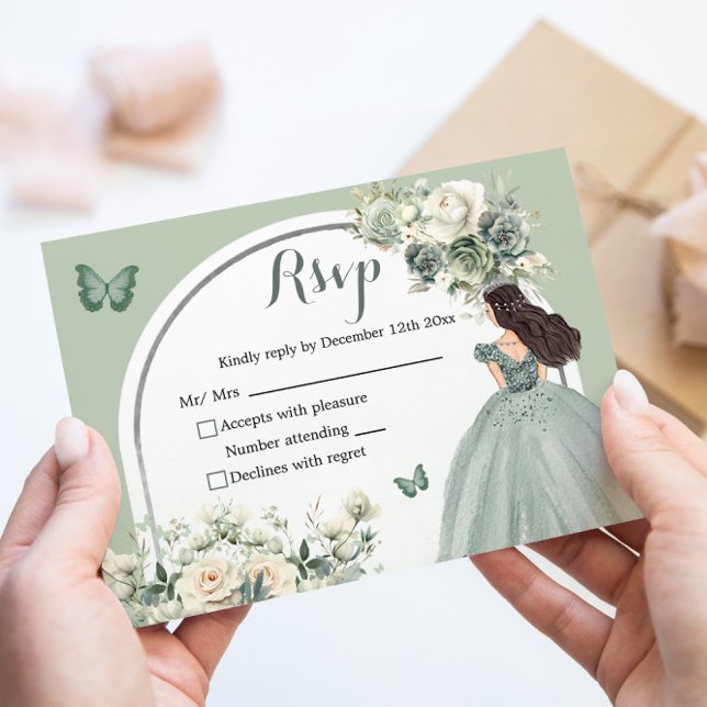 Boho Sage Green White Roses Princess XV Años Reply RSVP Card (Creator Uploaded)