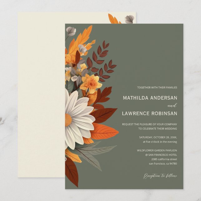 Boho Sage Green Wildflower Floral Fall Wedding  Invitation (Front/Back)