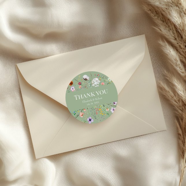 Boho Sage Green Wildflower Thank You Classic Round Sticker (Boho Sage Green Wildflower Thank You Classic Round Sticker on an elegant envelope.)