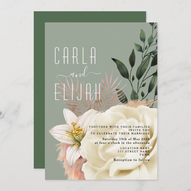 Boho Sage Green Wildflower Wedding Invitation (Front/Back)