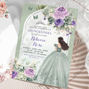 Boho Sage Lavender Floral Princess Quinceañera Invitation
