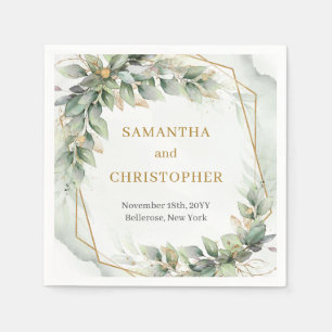 Boho sage leaves and gold glitter wedding napkins