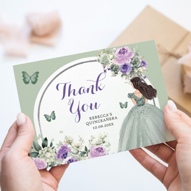 Boho Sage Lilac Floral Princess Quinceañera Thank You Card (Creator Uploaded)