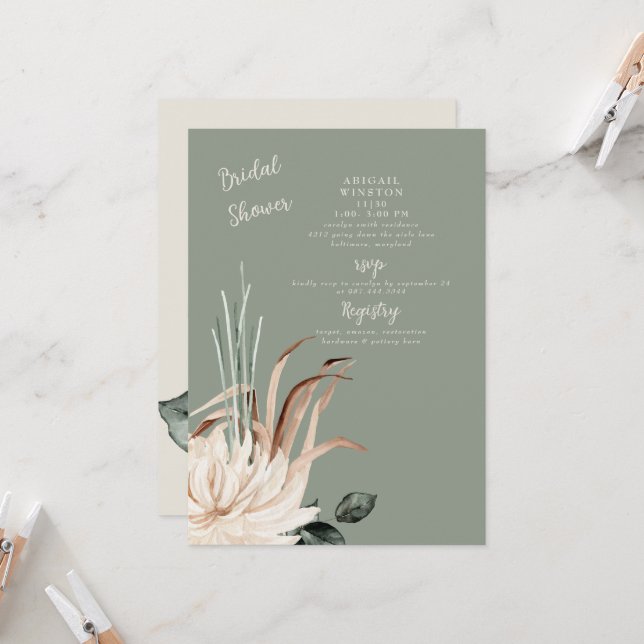 Boho Sage Pampas Grass Bridal Shower Invitation (Front/Back In Situ)
