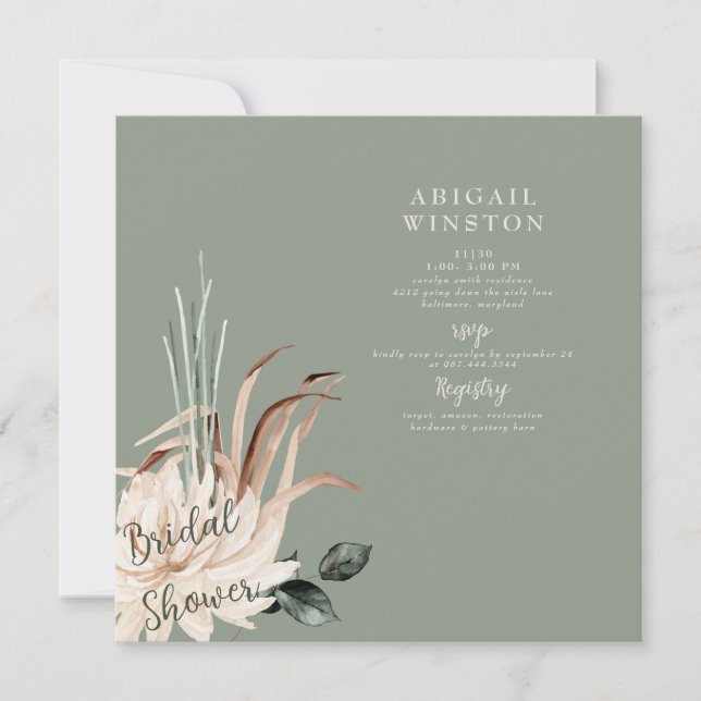 Boho Sage Pampas Grass Bridal Shower Square Invitation (Front)