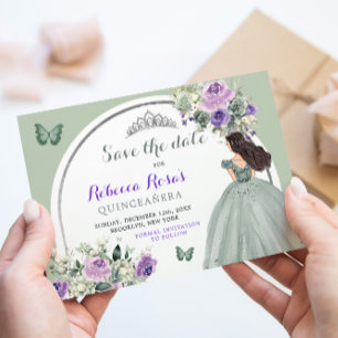 Boho Sage Purple Floral Quinceañera Save The Date Invitation