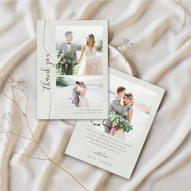 Boho Sage Script Multiple Photo Wedding Thank You Card (Creator Uploaded)