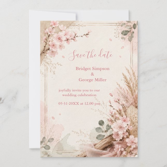 Boho Sakura Rustic Wedding Blooms Invitation (Front)