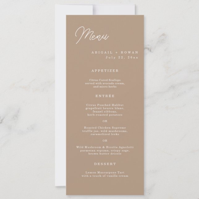 Boho Sand Minimalist Script Long Wedding Menu Card (Front)