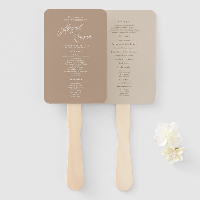 Boho Sand Script Minimalist Wedding Program Fan (Front and Back)