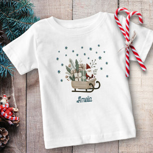 Boho Santa on Sleigh With Gifts Snowflakes Name Baby T-Shirt